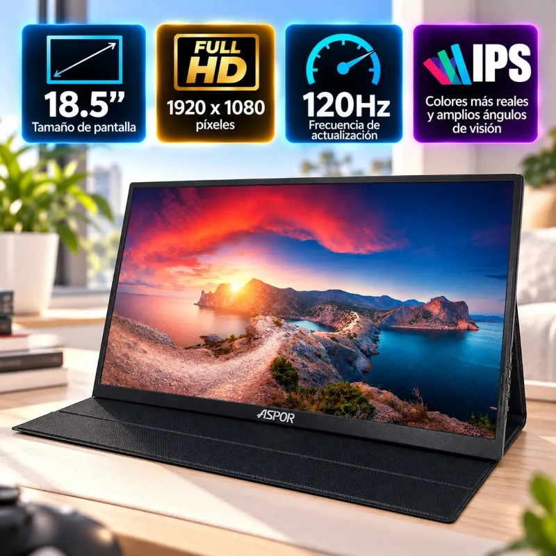 Monitor Portatil 18.5 Pulgadas 120hz Full Hd Con Parlante Y Case Negro