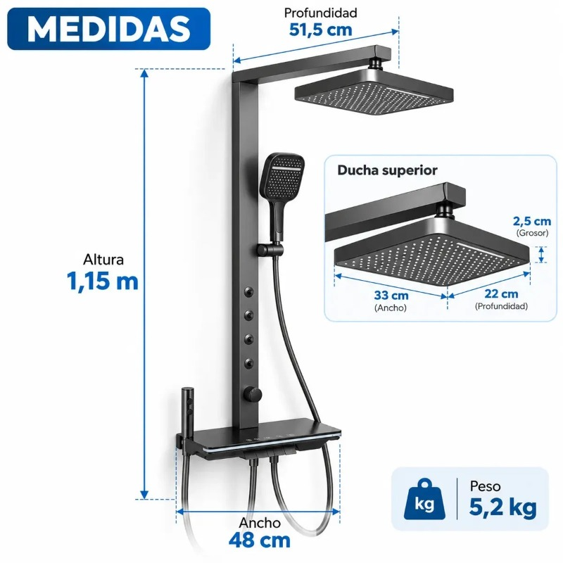 Columna De Ducha De Muro 13 Pulgadas Con Panel LED de 4 Jets