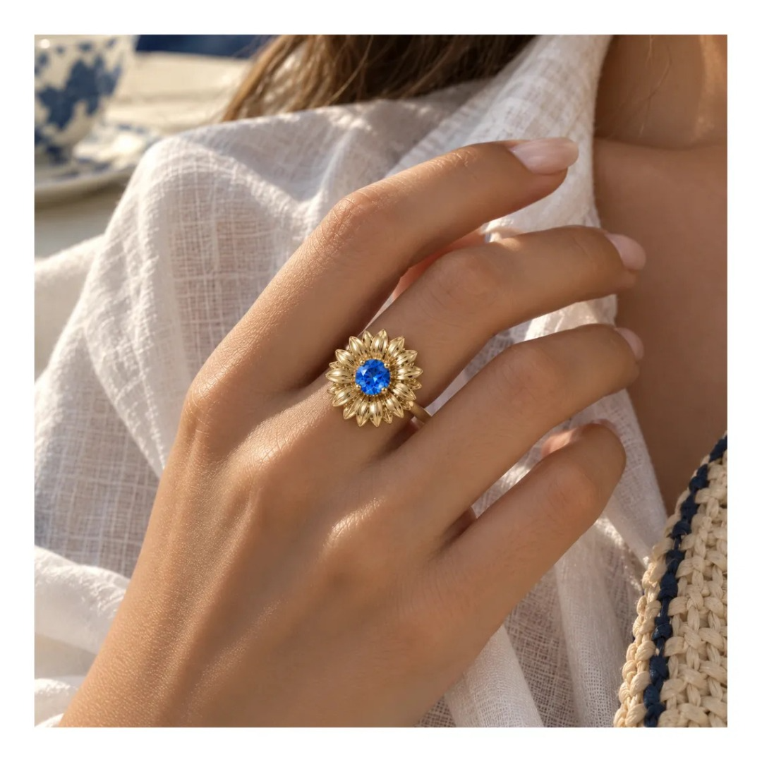 Anillo Flor Girasol Dorado Ajustable Mujer Rosier