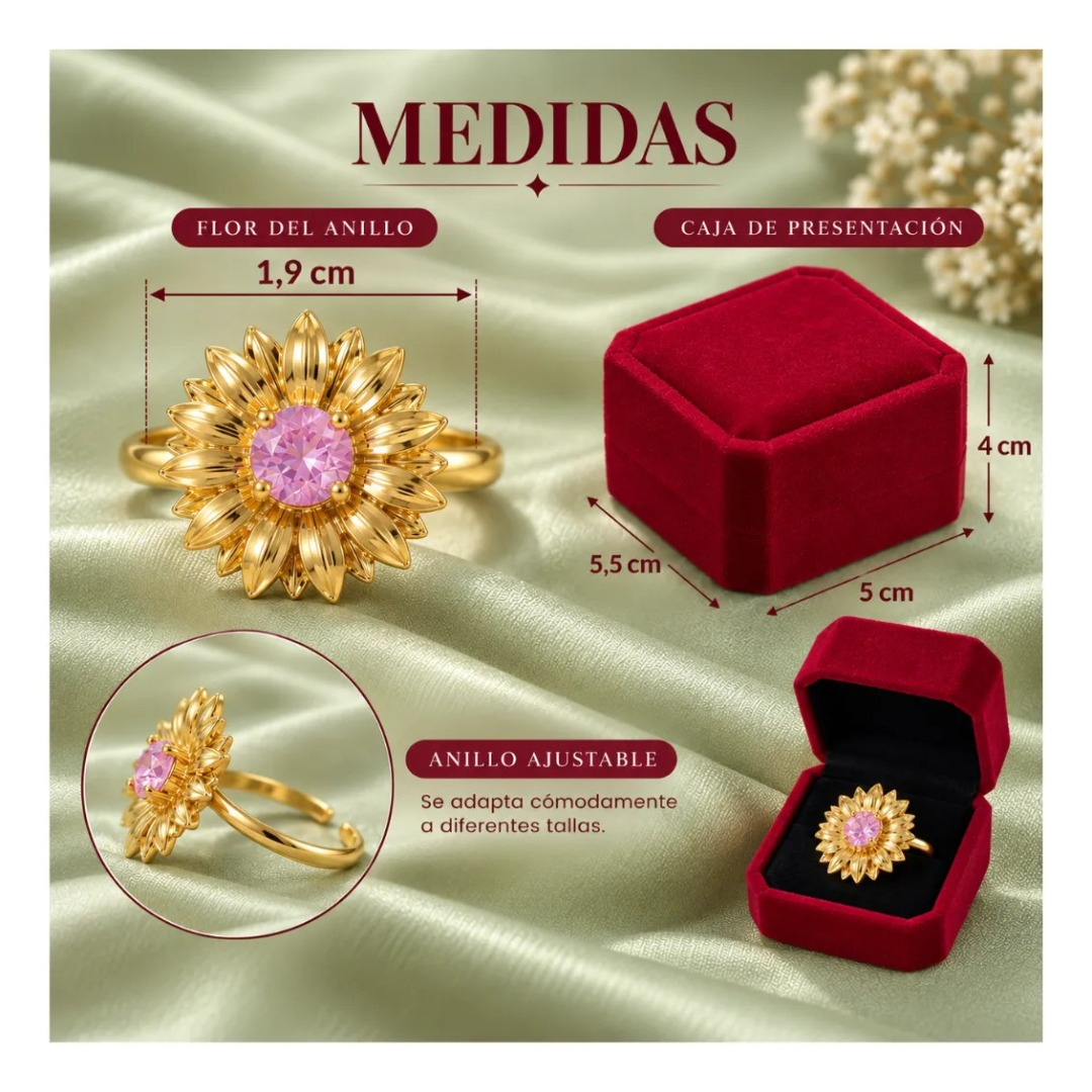 Anillo Flor Girasol Dorado Ajustable Mujer Rosier