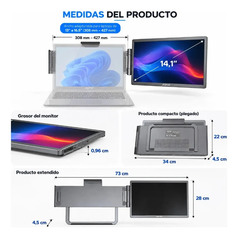 Monitor Extensor De Pantalla Para Laptop 14.1pulg 60hz 1200p