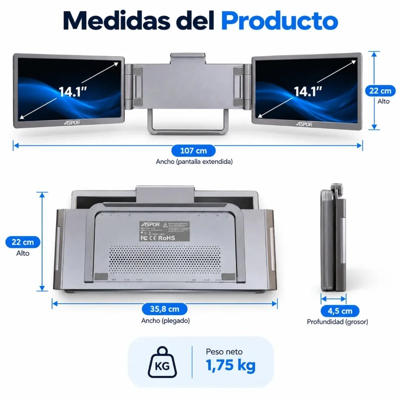 Monitor Portatil Extensor Doble Pantalla de 14 Pulgadas C/U