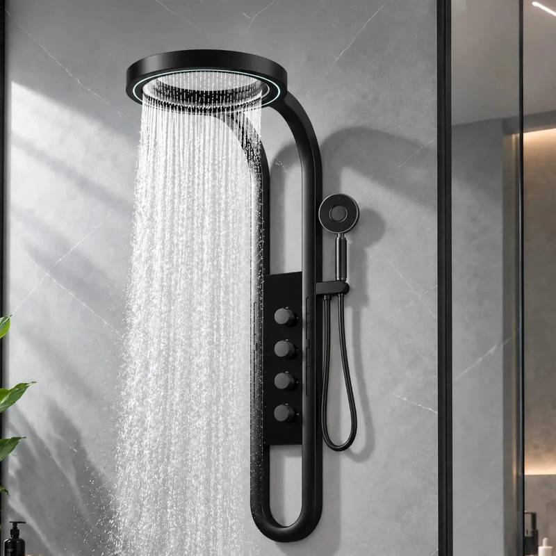 Columna De Ducha Moderna 12 Jets Circular Premium Cascada Negra HS179