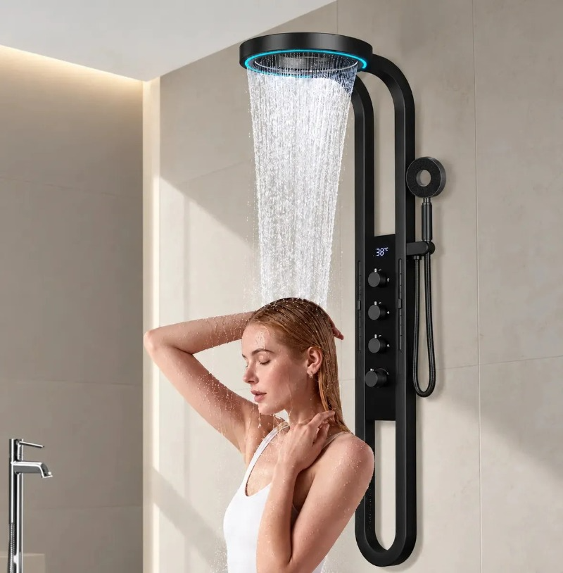 Columna De Ducha Moderna 12 Jets Circular Premium Cascada Negra HS179