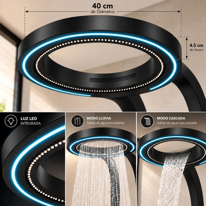 Columna De Ducha Moderna 12 Jets Circular Premium Cascada Negra HS179