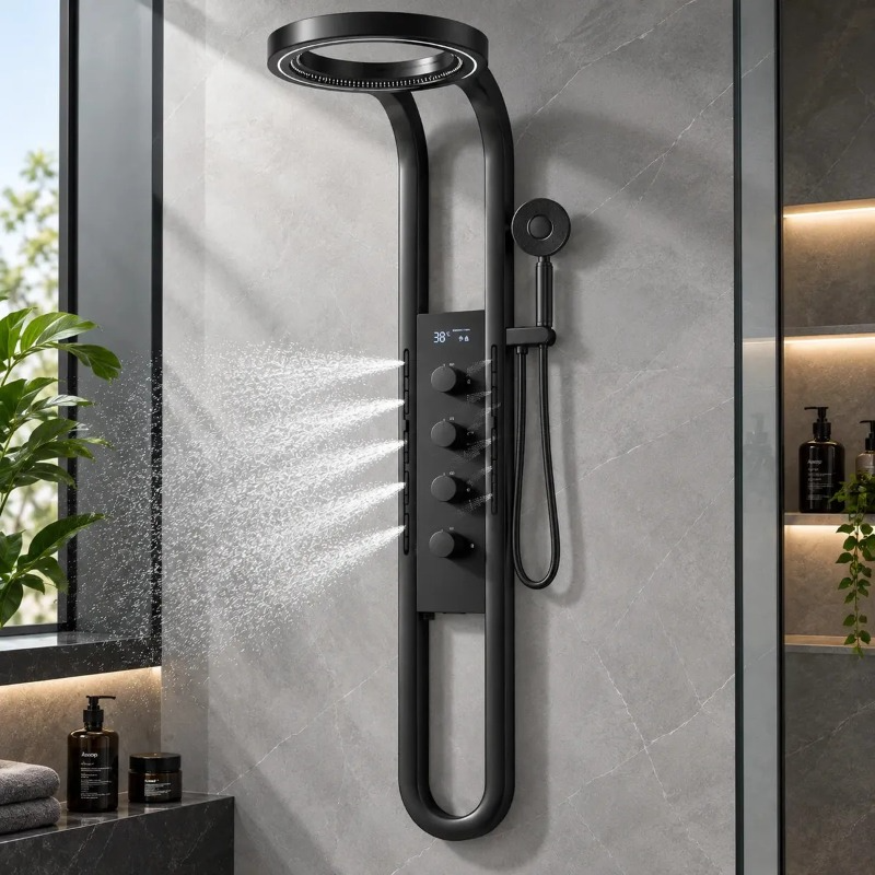 Columna De Ducha Moderna 12 Jets Circular Premium Cascada Negra HS179
