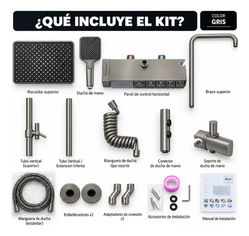Columna Ducha 5 Funciones 3 Duchas Gris Hs129