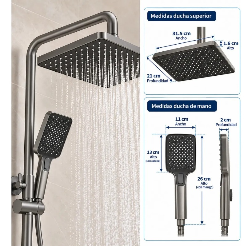 Columna Ducha 5 Funciones 3 Duchas Gris Hs129