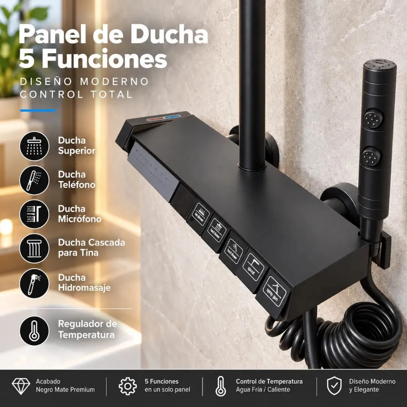 Columna Ducha 5 Funciones 3 Rociadores Negro Hs129