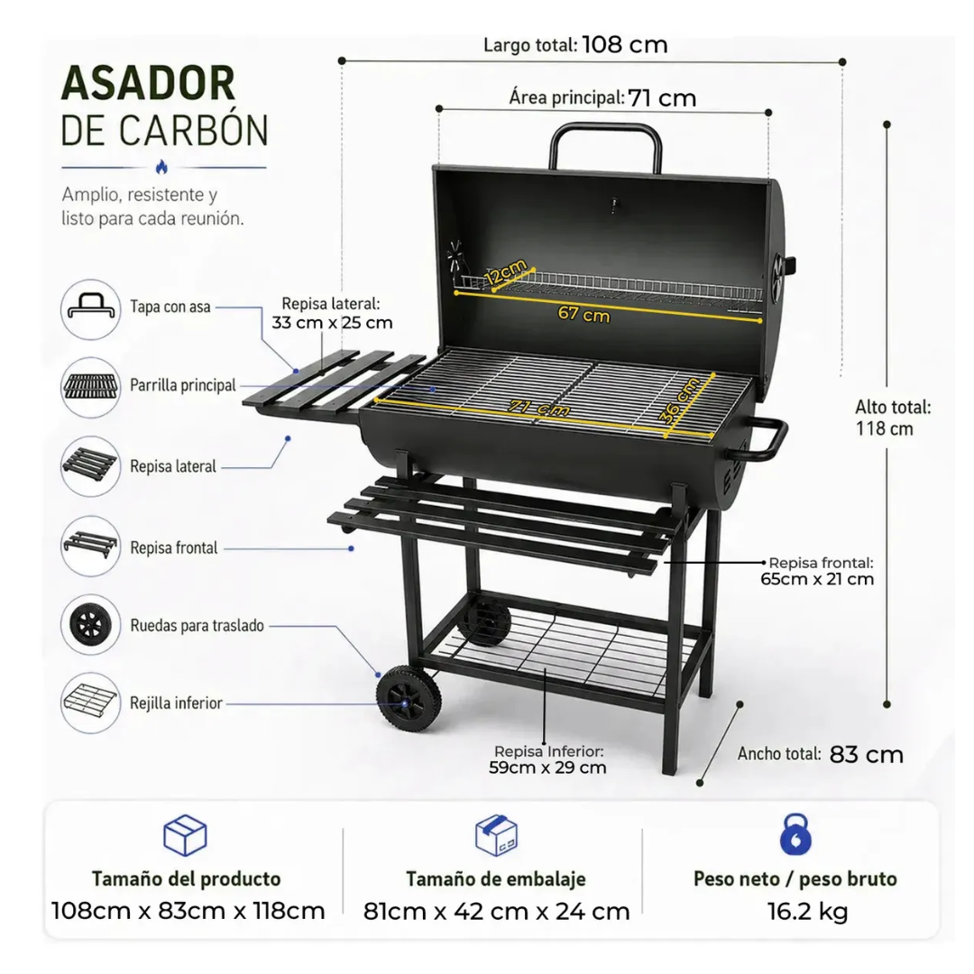 Parrilla Con Tapa A Carbon Asado Tipo Tambor Acero De 0.7mm Con Ruedas