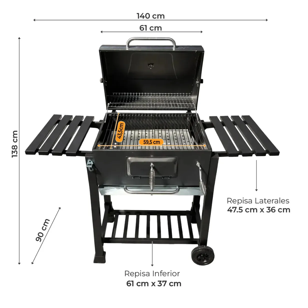 Parrilla A Carbon De Acero Inoxidable Con Tapa y 2 Ruedas Con Doble Repisa