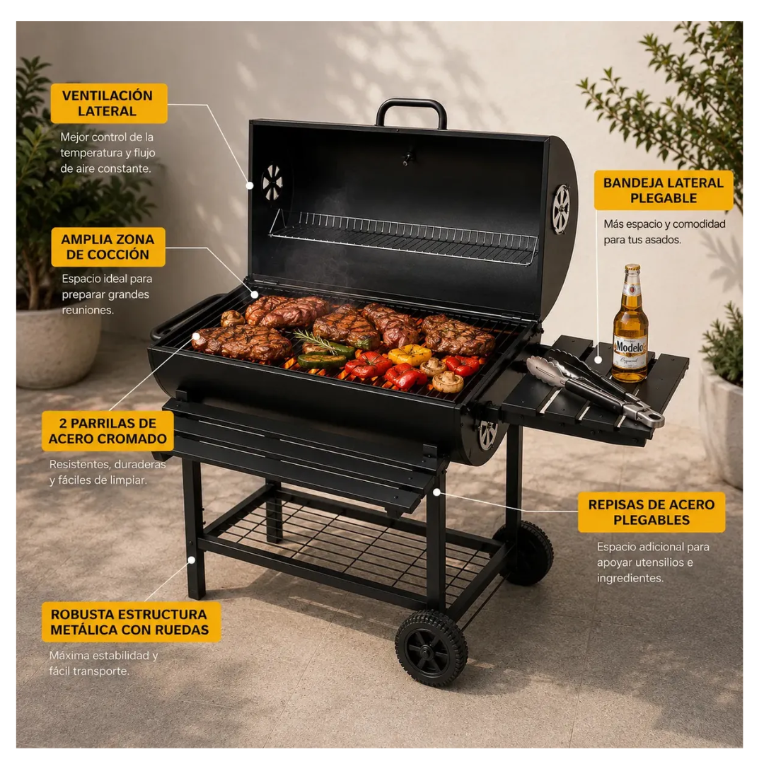 Parrilla Con Tapa A Carbon Asado Tipo Tambor Acero De 0.7mm Con Ruedas