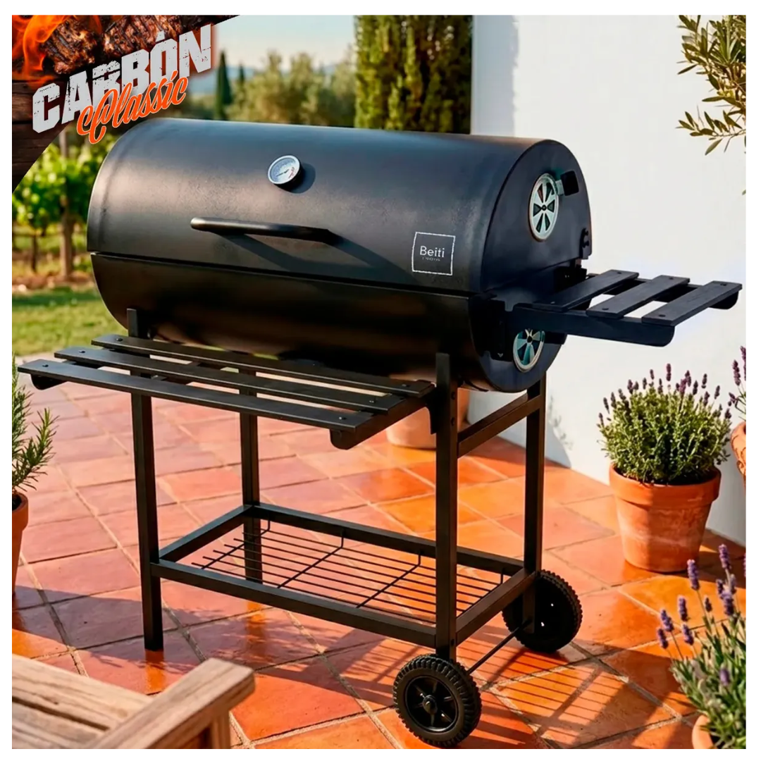 Parrilla Con Tapa A Carbon Asado Tipo Tambor Acero De 0.7mm Con Ruedas