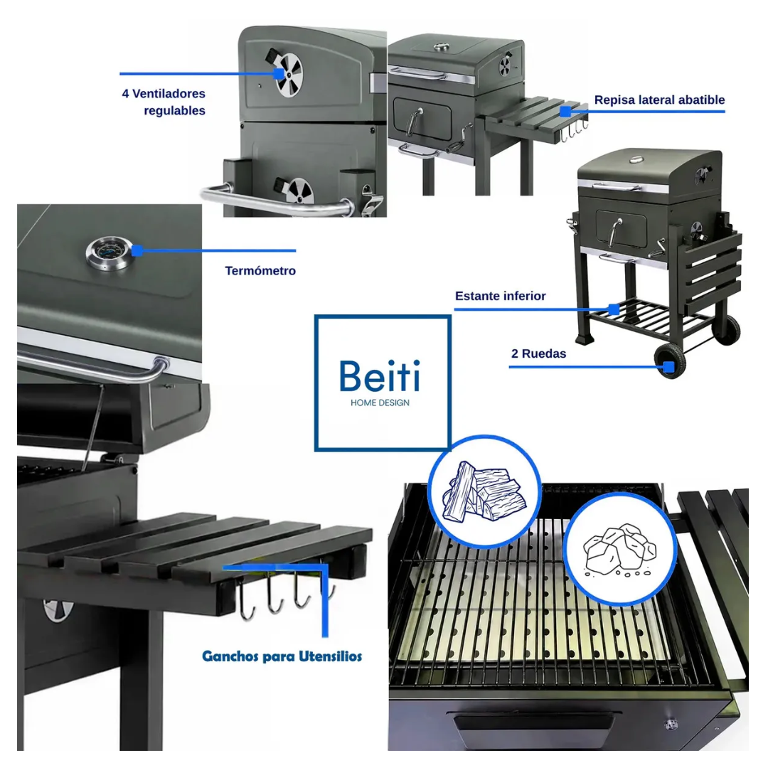 Parrilla A Carbon De Acero Inoxidable Con Tapa y 2 Ruedas Con Doble Repisa