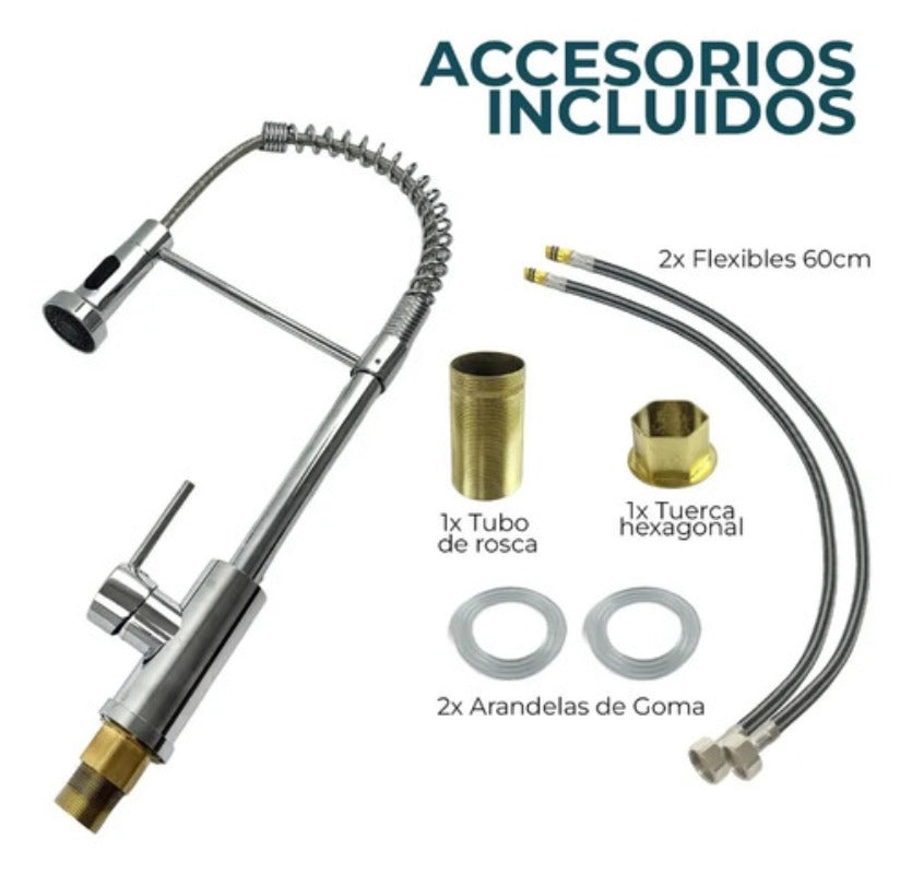 Grifo Llave Alta Monomando Cocina Rociador Flexible Acero Inoxidable