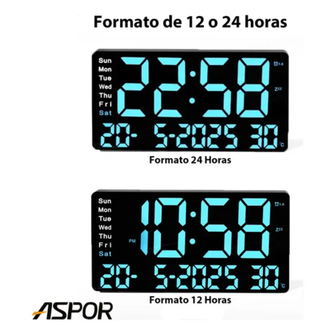 Reloj Pared Digital Dia Fecha Hora Luz Led Azul