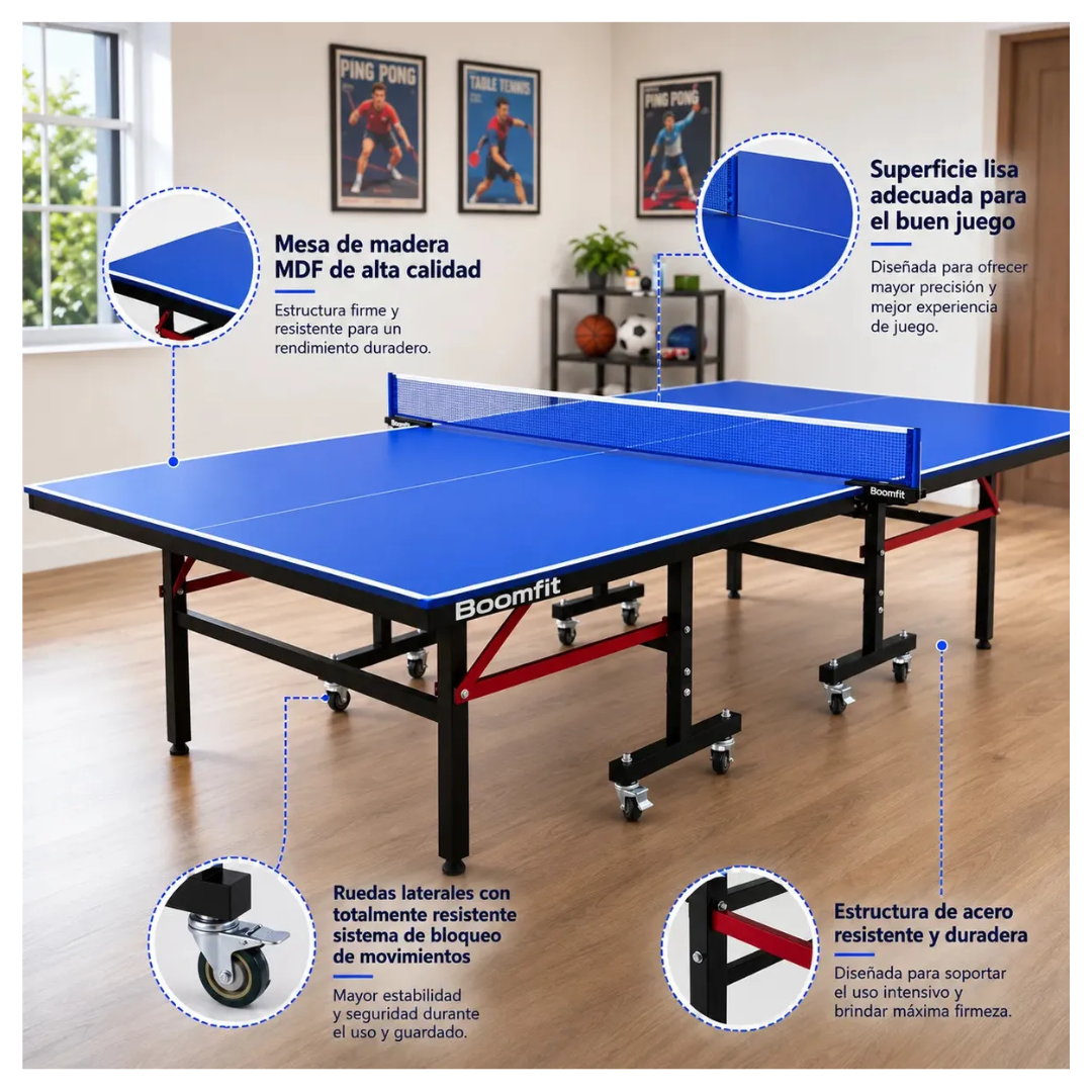 Mesa Ping Pong Junior Plegable Con Ruedas Y Red Incluye Accesorios 274x152x76cm