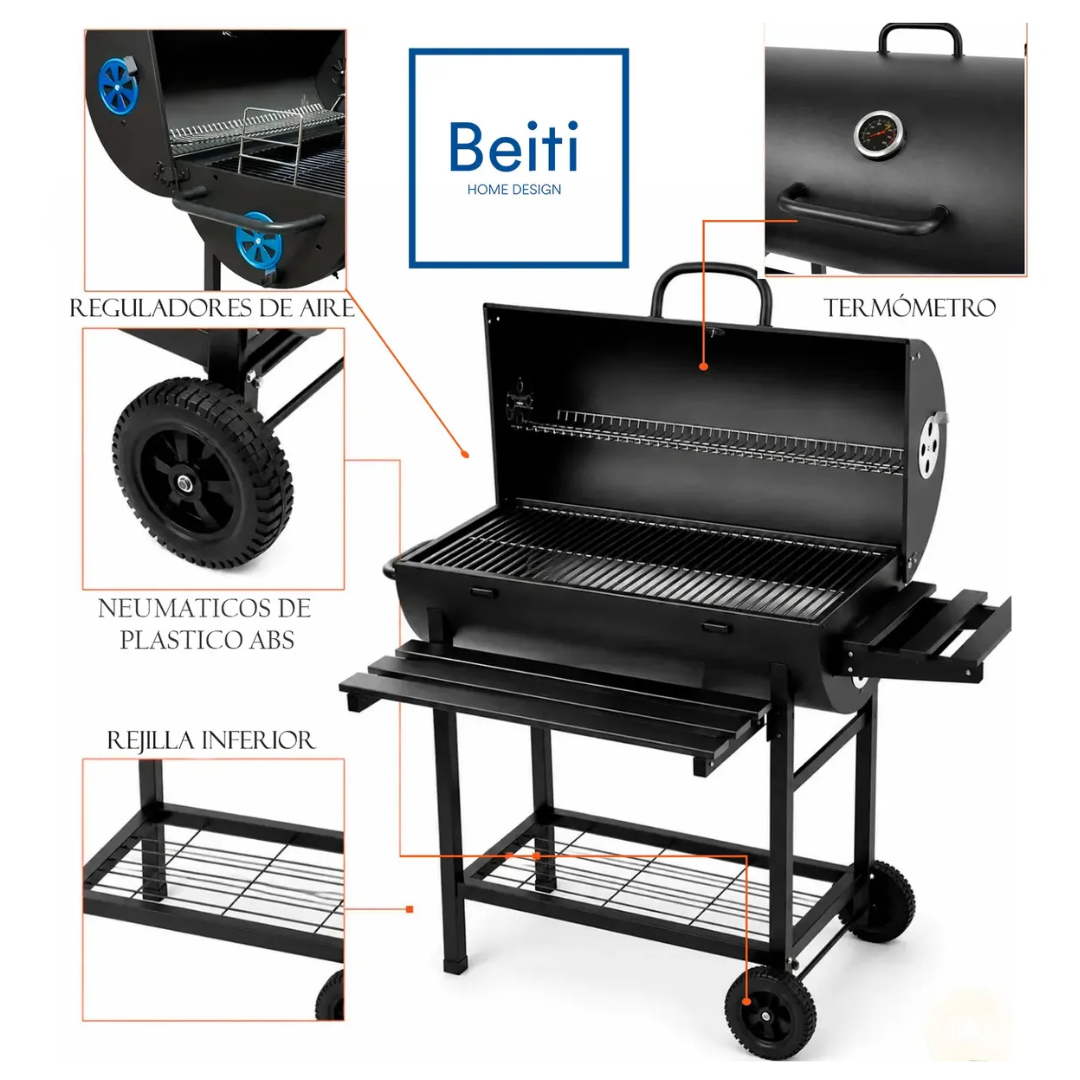Parrilla Con Tapa A Carbon Asado Tipo Tambor Acero De 0.7mm Con Ruedas