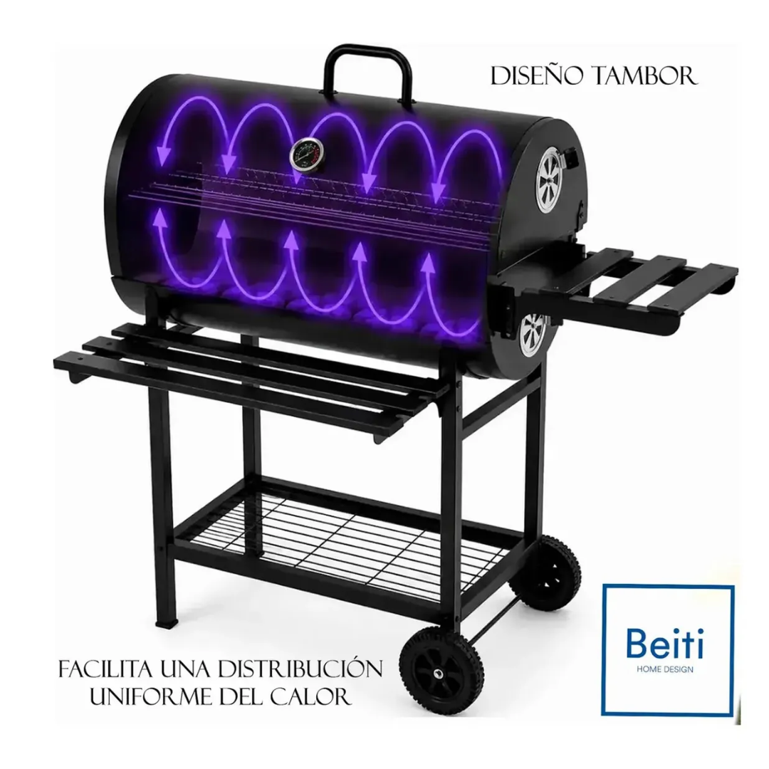 Parrilla Con Tapa A Carbon Asado Tipo Tambor Acero De 0.7mm Con Ruedas