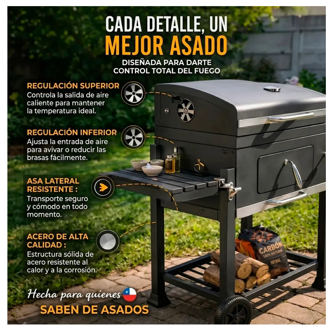 Parrilla A Carbon De Acero Inoxidable Con Tapa y 2 Ruedas Con Doble Repisa