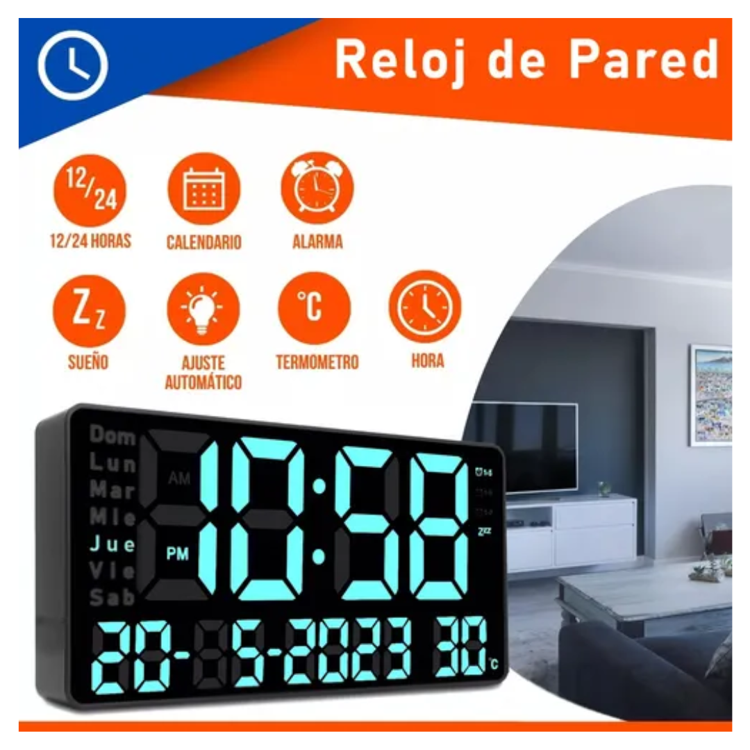 Reloj Pared Digital Dia Fecha Hora Luz Led Azul