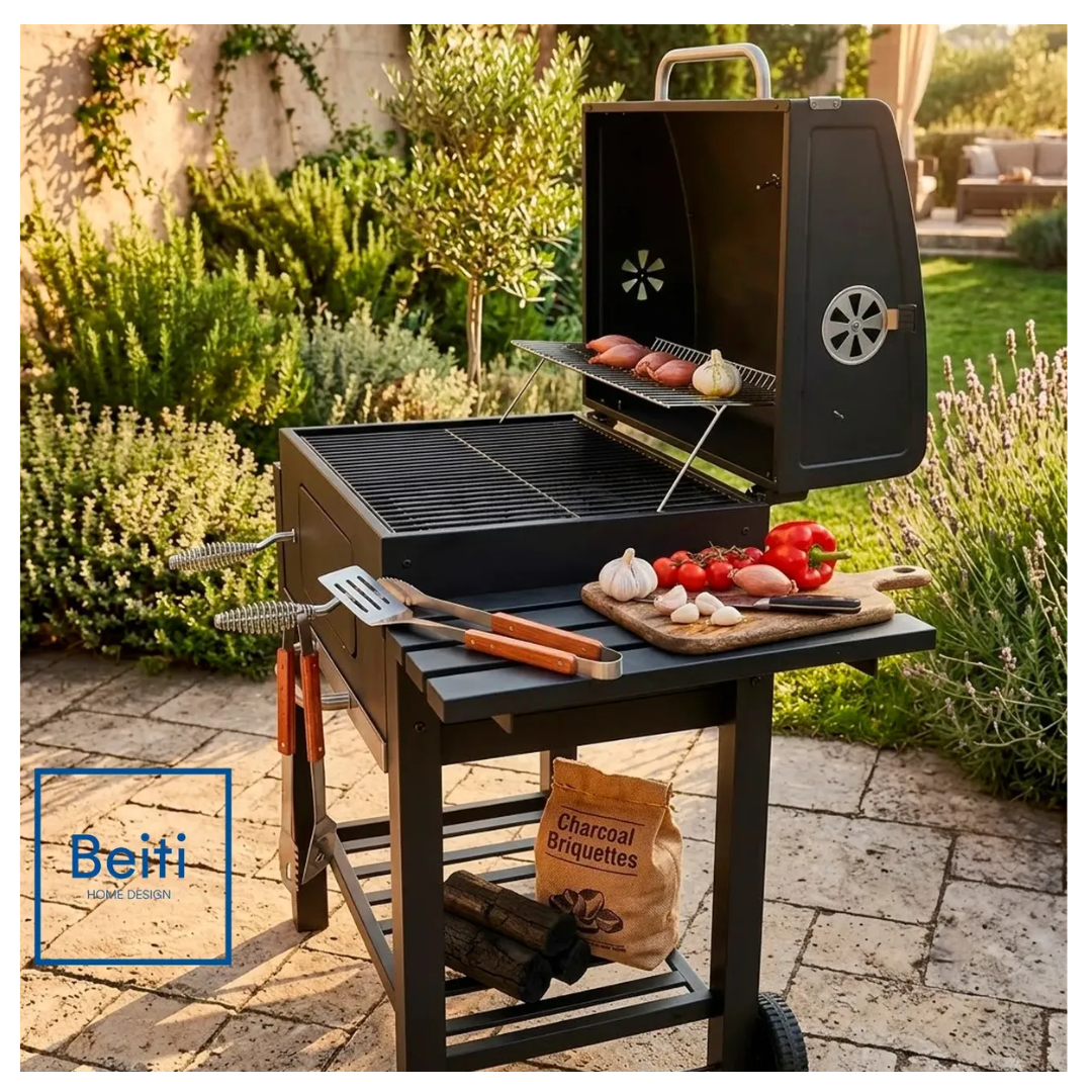 Parrilla A Carbon De Acero Inoxidable Con Tapa y 2 Ruedas Con Doble Repisa
