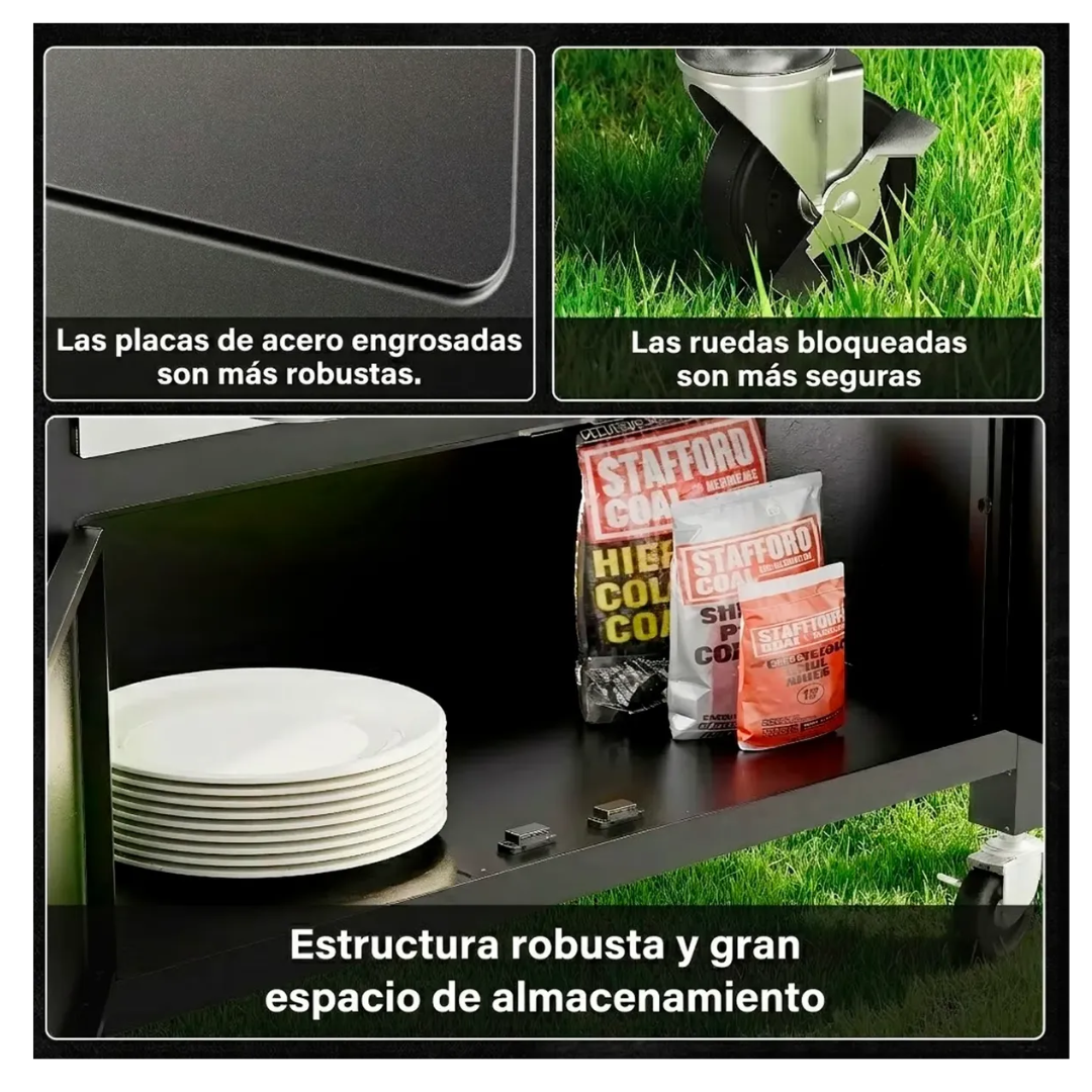 Parrilla A Carbon Con Tapa Premium De Acero Con 4 Ruedas Asados
