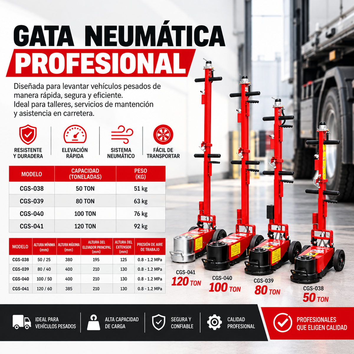 Gata Hidraulica Neumatica 50/25 Ton Para Camiones y Maquinaria Pesada