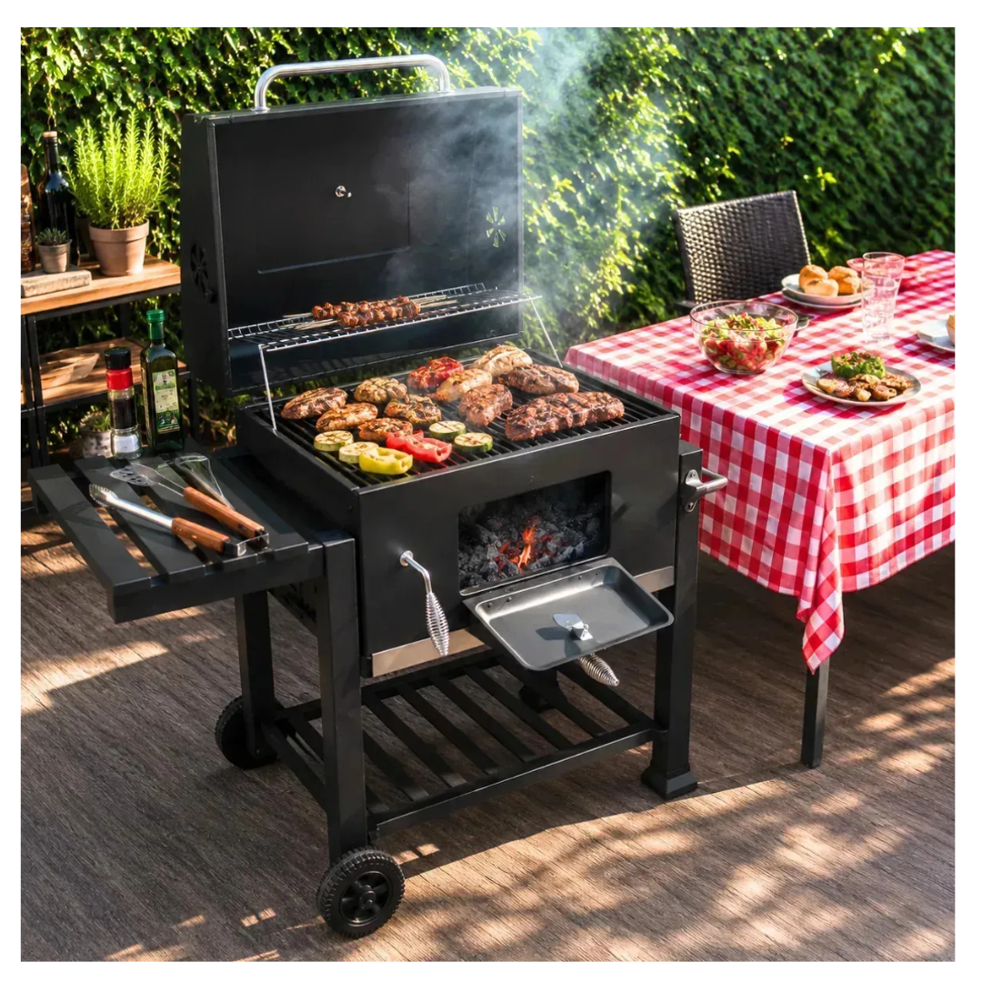 Parrilla A Carbon De Acero Inoxidable Con Tapa y 2 Ruedas Con Doble Repisa