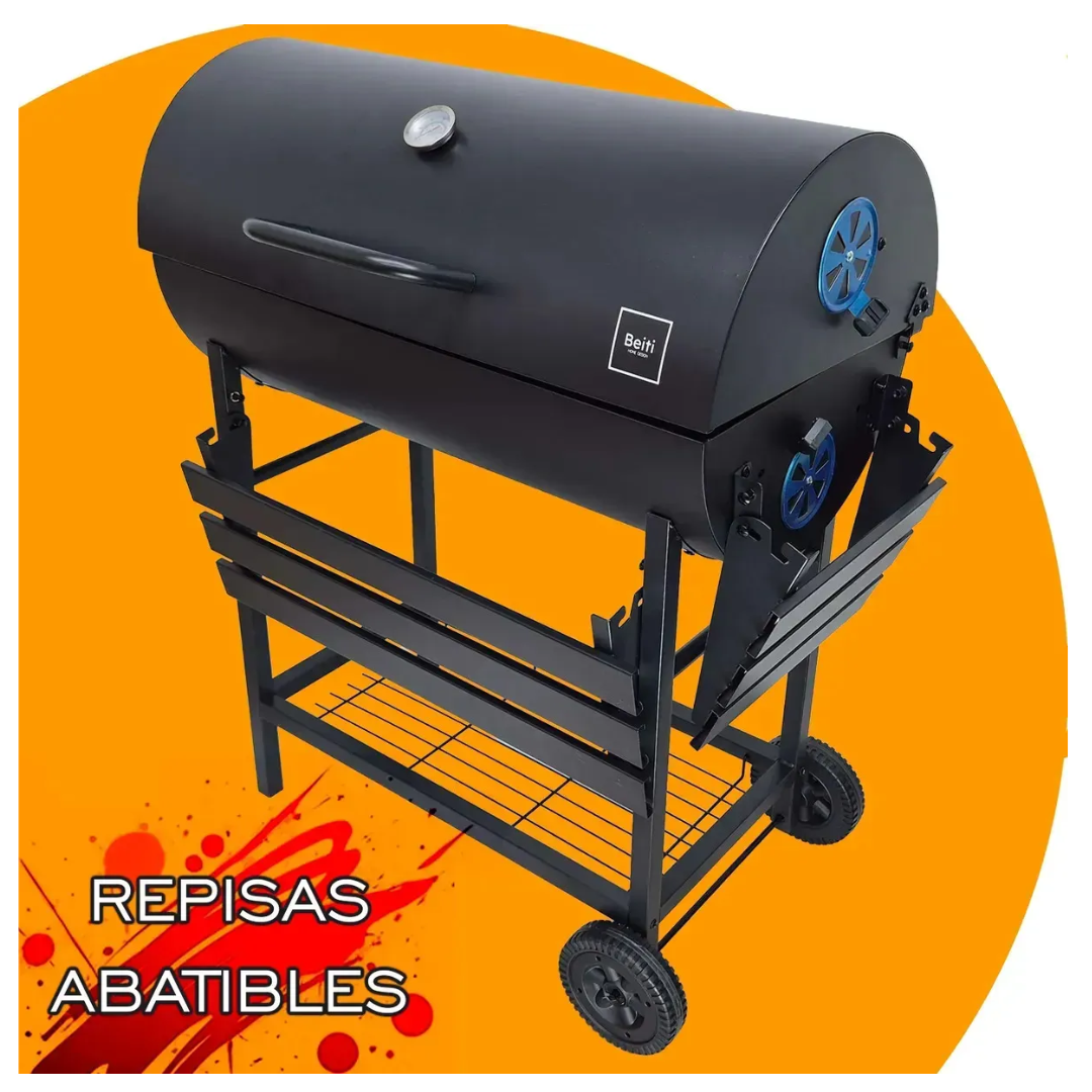 Parrilla Con Tapa A Carbon Asado Tipo Tambor Acero De 0.7mm Con Ruedas