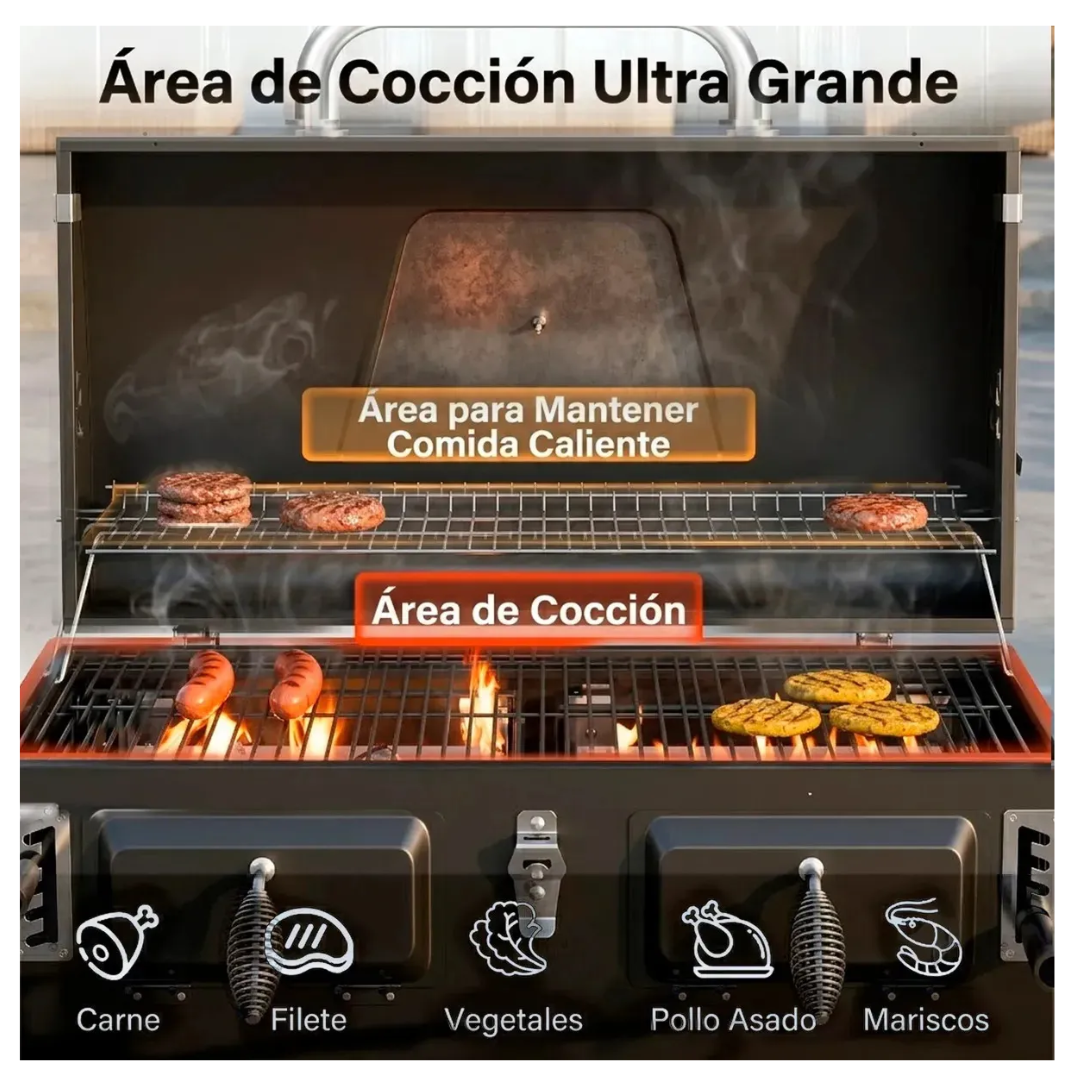 Parrilla A Carbon Con Tapa Premium De Acero Con 4 Ruedas Asados