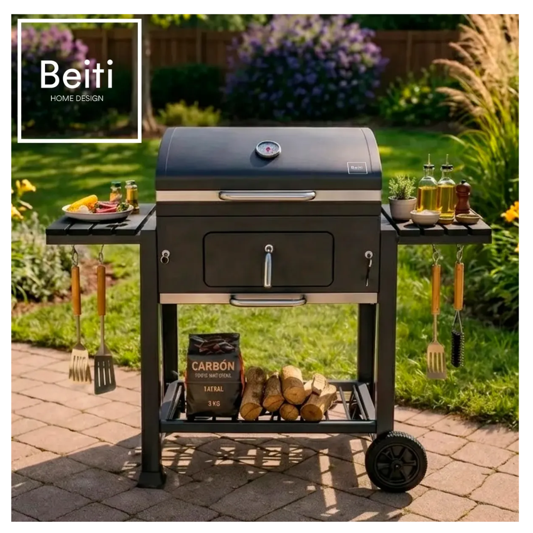Parrilla A Carbon De Acero Inoxidable Con Tapa y 2 Ruedas Con Doble Repisa