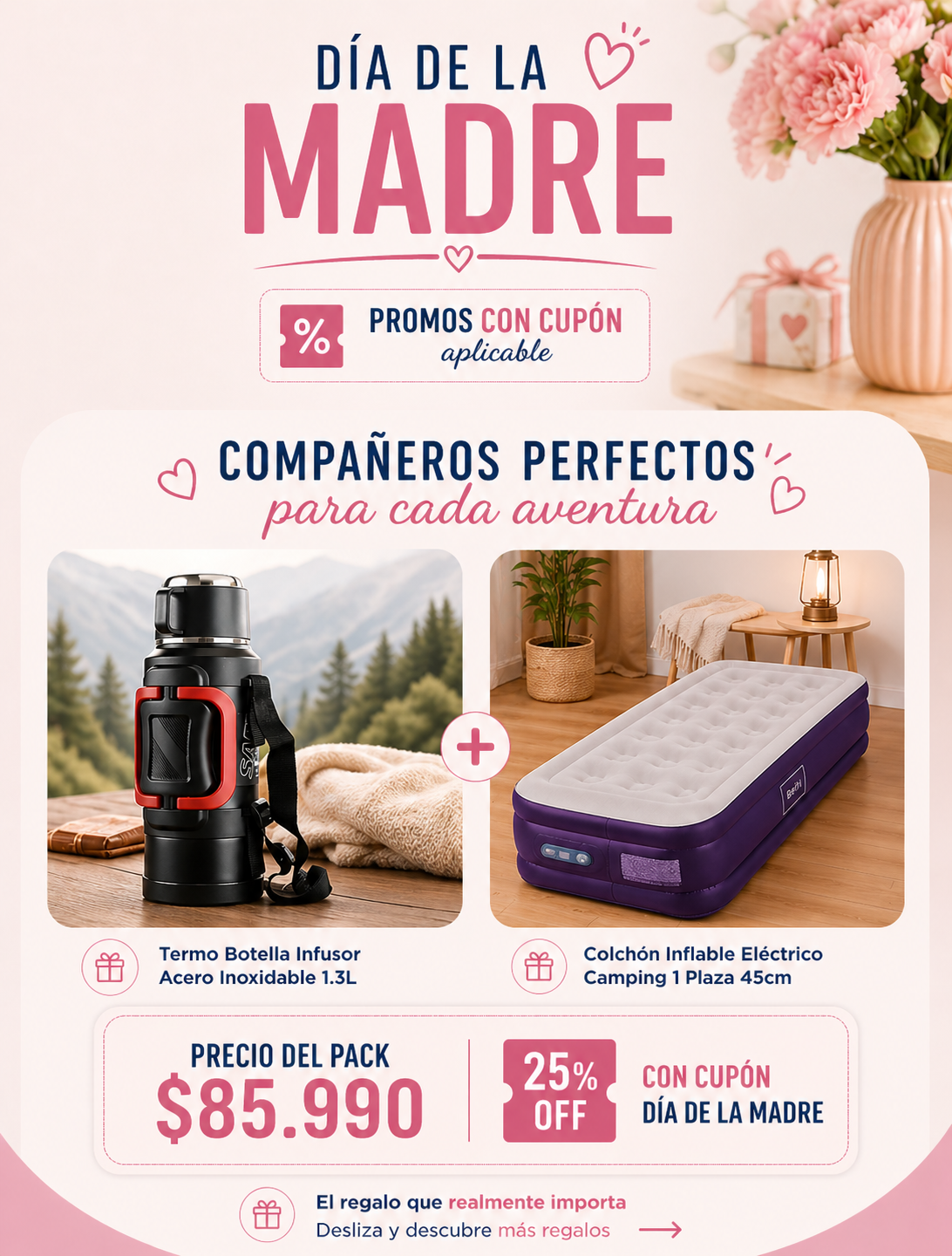Promo Termo Camping 1,3L + Colchón Inflable 1 Plaza Beiti