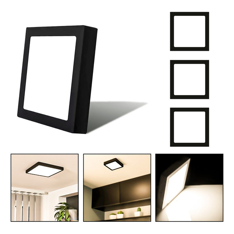 3 Foco Plafon Sobrepuesto Cuadrado 18w Luz Calida B. Negro