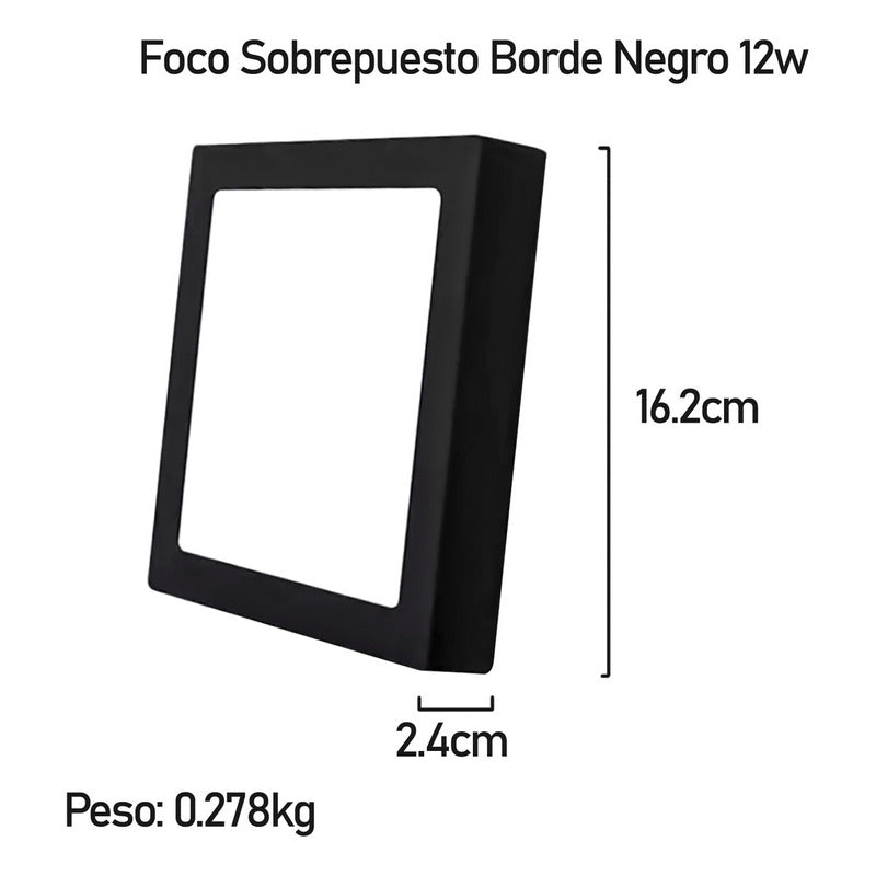 Foco Plafon Led Sobrepuesto Cuadrado 12w Luz Calida B. Negro