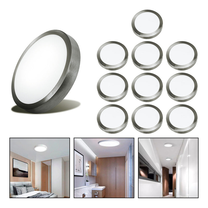 10 Foco Plafon Led Redondo Sobrepuesto 12w Luz Fria Niquel