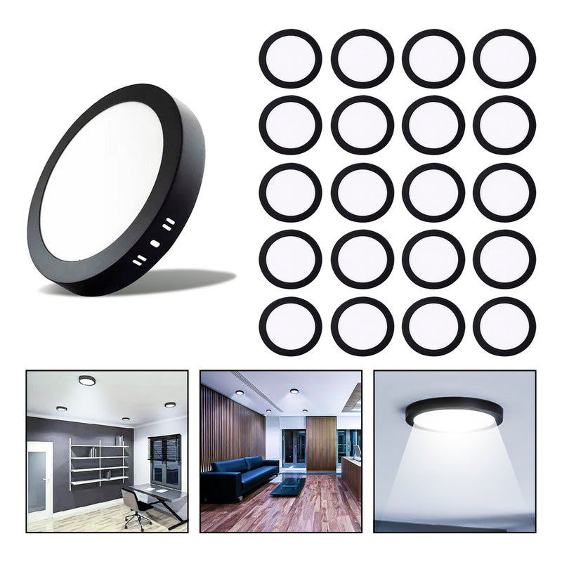 20 Foco Plafon Sobrepuesto Redondo 12w Luz Fria Borde Negro