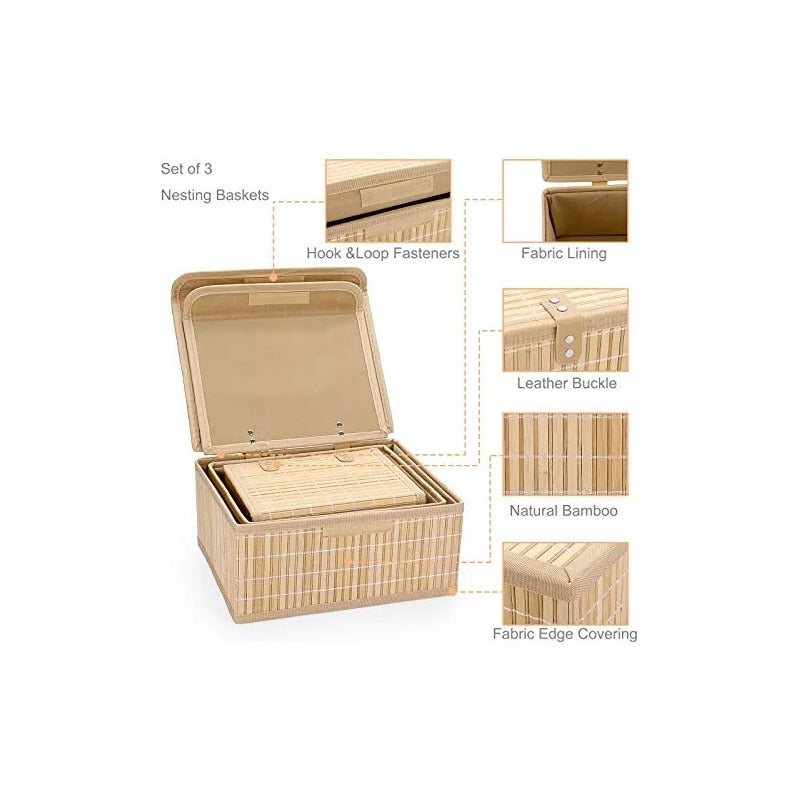 Set 3 Cajas De Bambu Organizadora Multifuncional Closet Baño