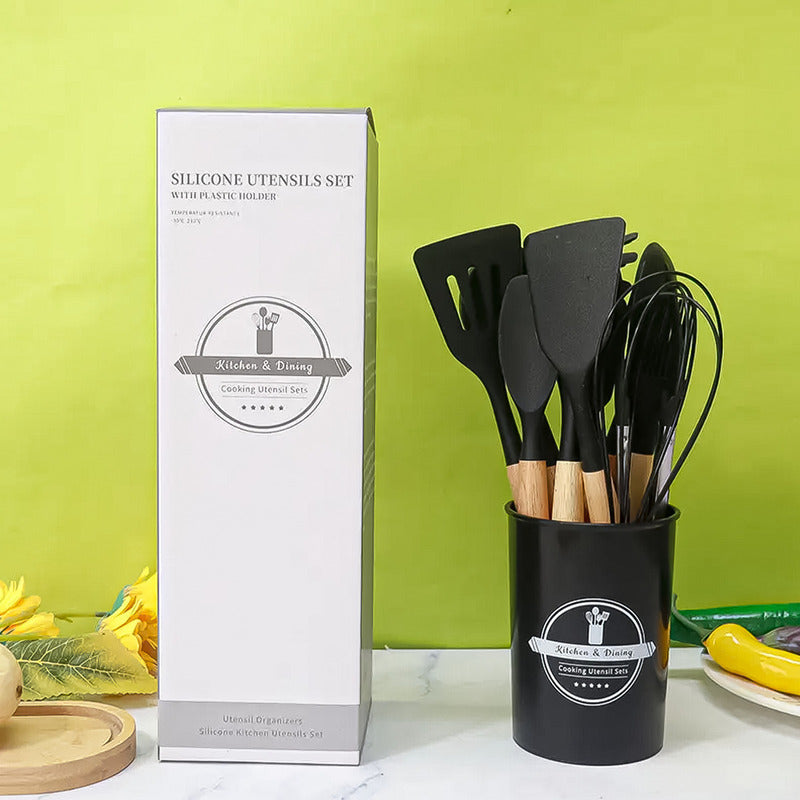 Set 12 Utensilios Cocina Antiadherente Silicona Mango Madera