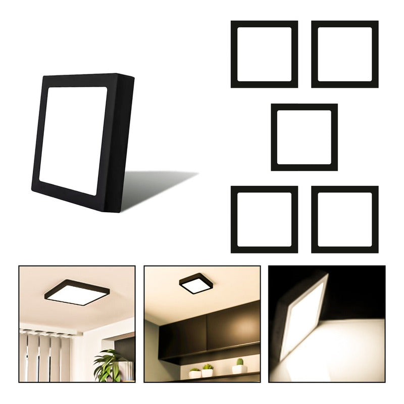 5 Foco Plafon Sobrepuesto Cuadrado 18w Luz Calida B. Negro