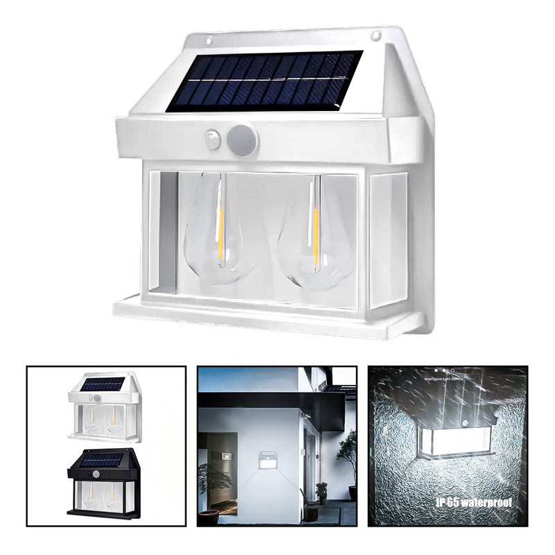 Farol Solar Aplique Pared 2 Ampolletas Led Sensor Luz Fría