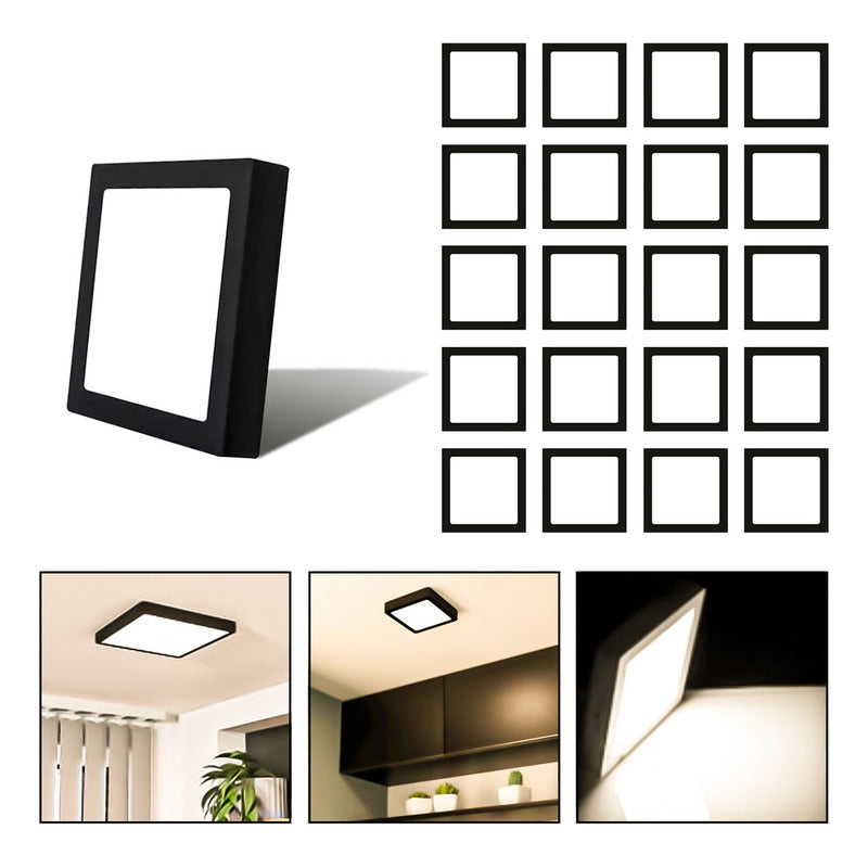 20 Foco Plafon Sobrepuesto Cuadrado 12w Luz Calida B. Negro