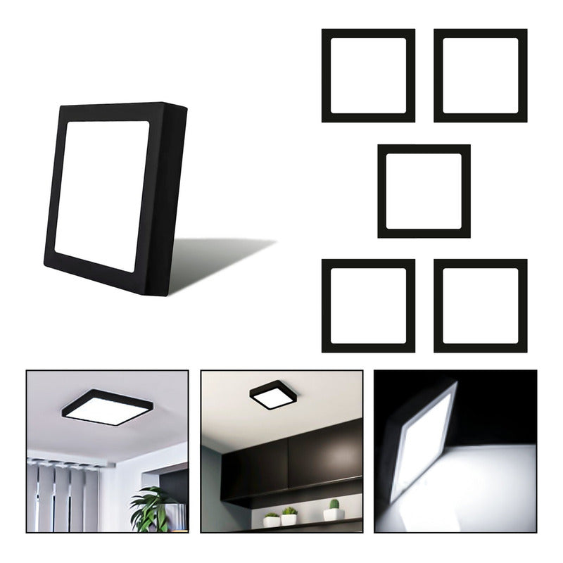 5 Foco Plafon Sobrepuesto Cuadrado 18w Luz Fria B. Negro