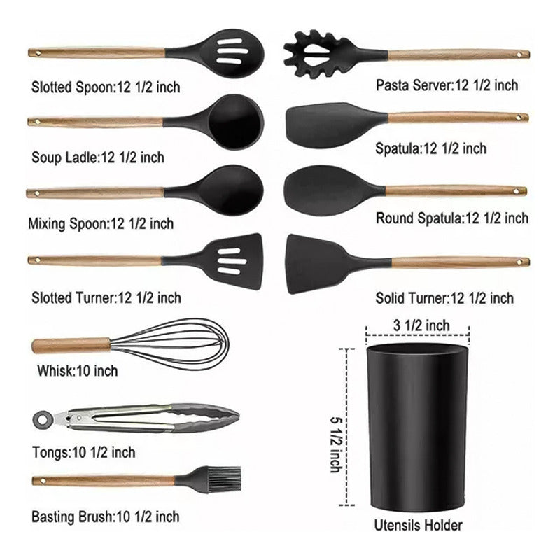 Set 12 Utensilios Cocina Antiadherente Silicona Mango Madera