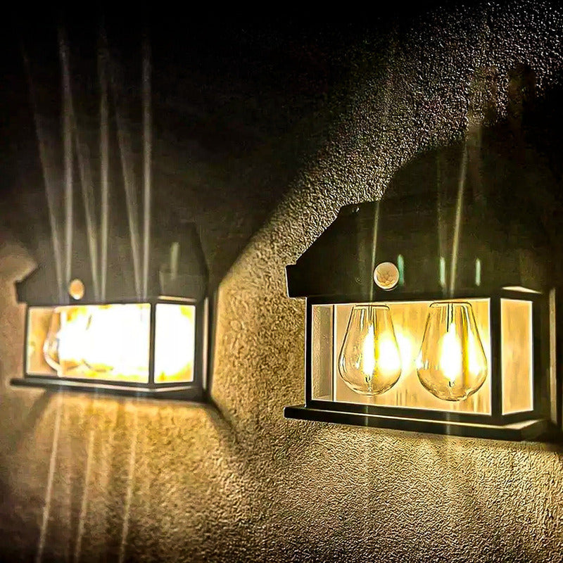 6 Farol Solar Aplique Pared 2 Ampolletas Led Sensor Luz Calida Jardin