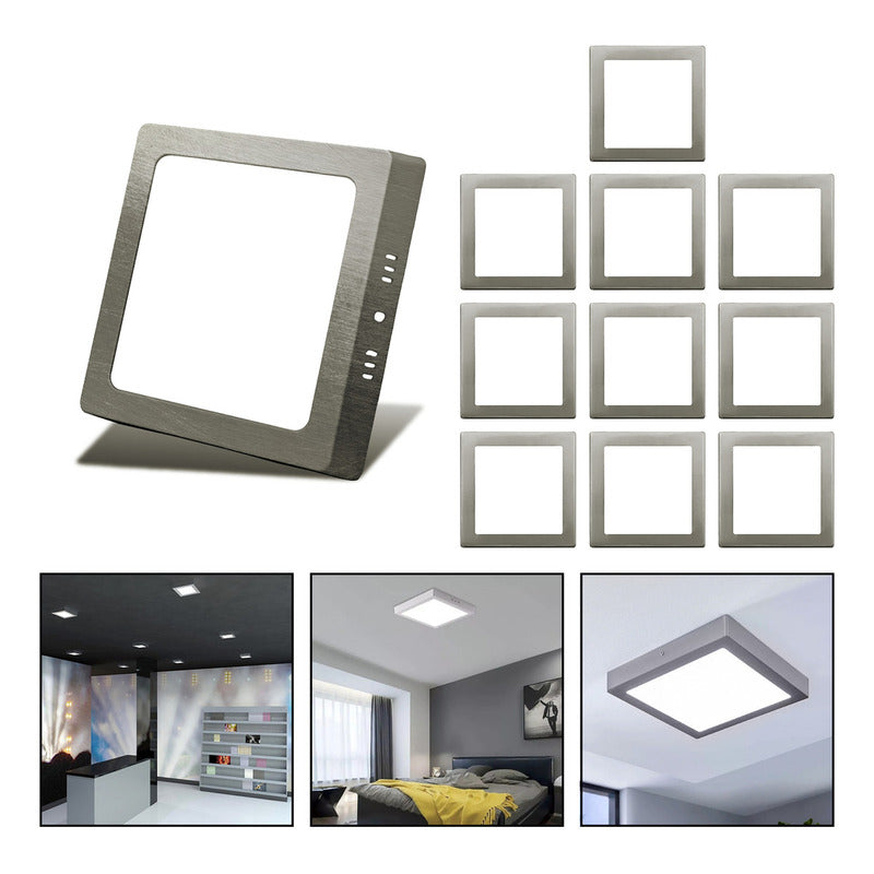 10 Foco Plafon Led Cuadrado Sobrepuesto 18w Luz Fria Niquel