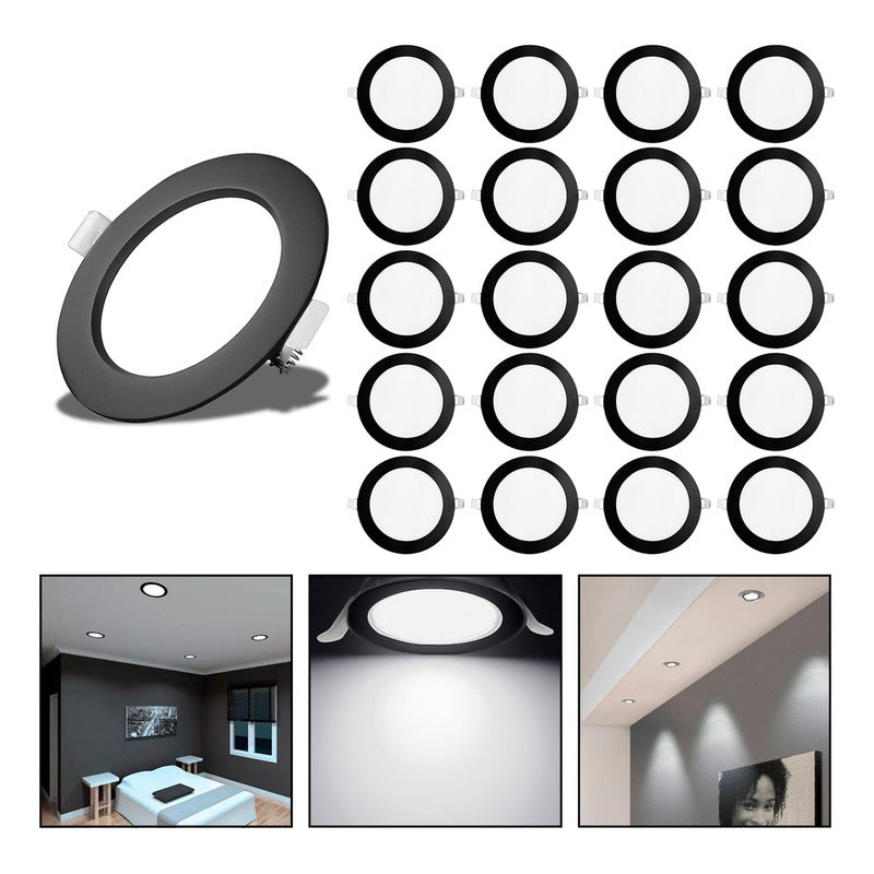 20 Foco Plafon Embutido Redondo 18w Luz Fria Borde Negro