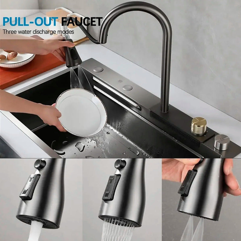Lavaplatos Cascada Lavavasos Llave 2 Modos 75x46 Acero Inox