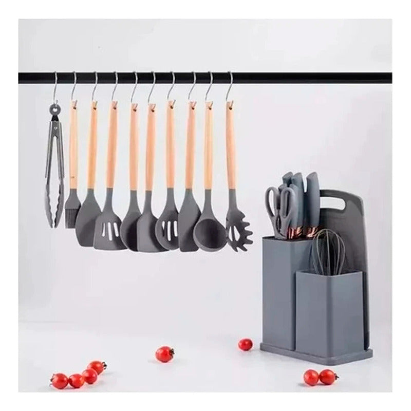 Set 19 Utensilios De Cocina Antiadherente Silicona Madera