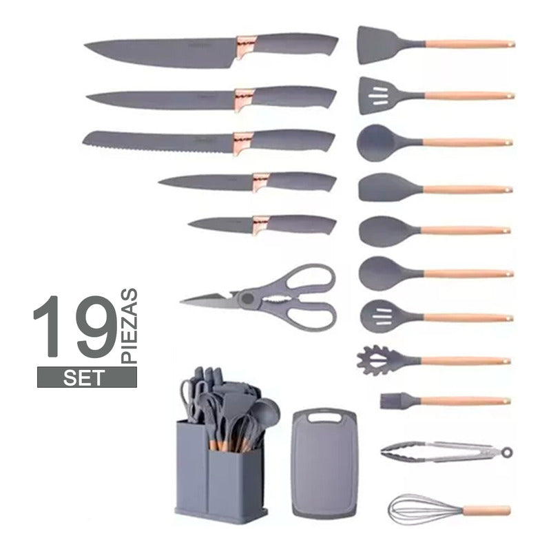 Set 19 Utensilios De Cocina Antiadherente Silicona Madera